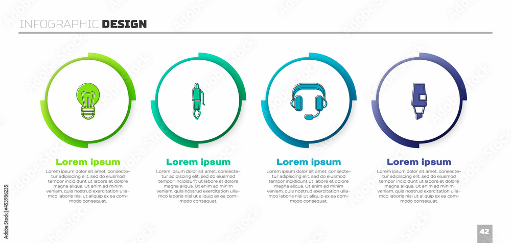 设置灯泡、喷泉笔尖、耳机和马克笔。商业信息图模板。矢量