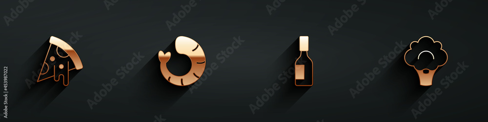 Set Slice of pizza, Shrimp, Tabasco sauce and Broccoli icon with long shadow. Vector