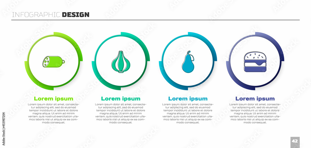 套餐萨拉米香肠、大蒜、梨和汉堡。商业信息图模板。矢量