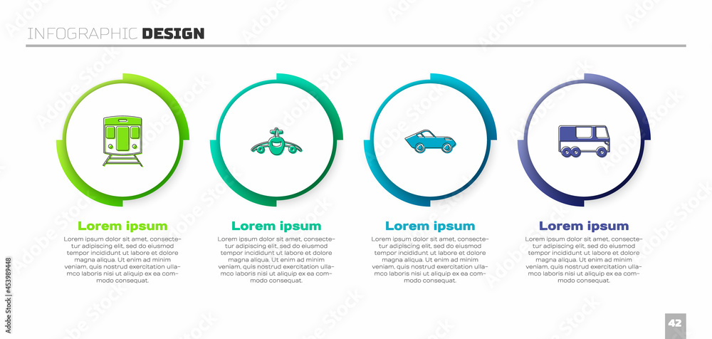 设置火车和铁路、飞机、汽车和公共汽车。商业信息图模板。矢量