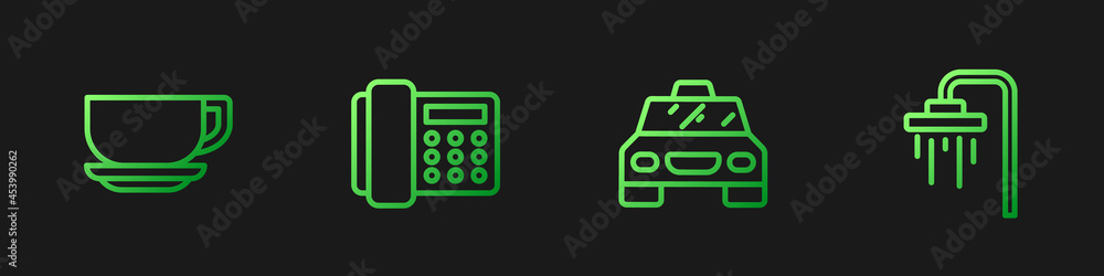 设置线路出租车、咖啡杯、电话听筒和淋浴器。渐变色图标。矢量