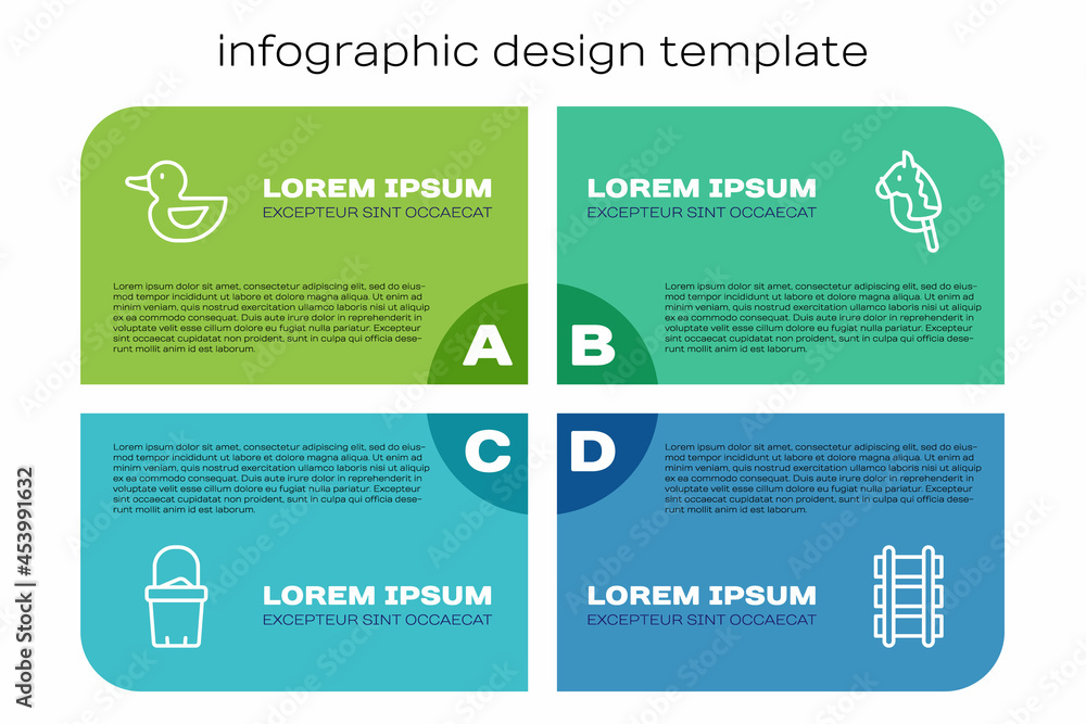 设置线桶里的沙子，橡胶鸭，玩具铁路和马。商业信息图模板。矢量