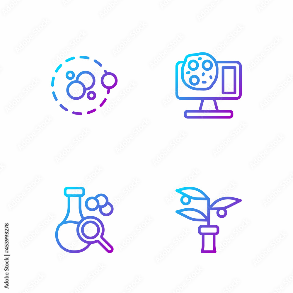 Set line Plant breeding, Test tube, Atom and Genetic engineering. Gradient color icons. Vector