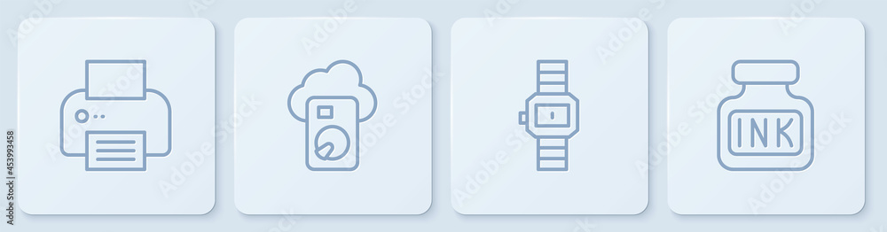 设置行式打印机、手表、云数据库和墨水井。白色方形按钮。矢量