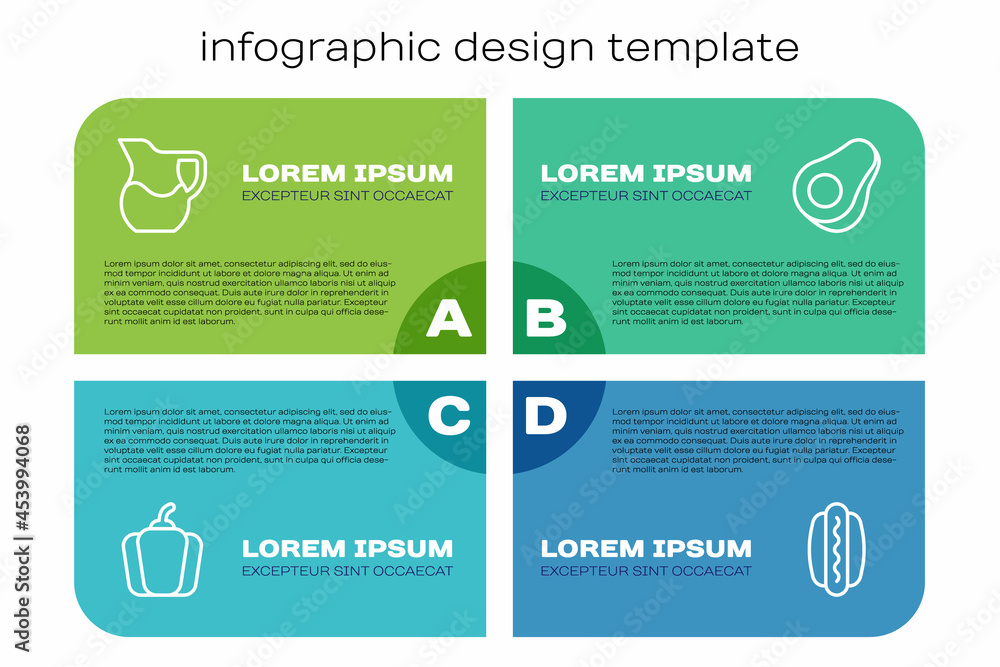 设置线Bell pepper，Jug glass with milk，Hotdog and Avocado fruit。商业信息图模板。