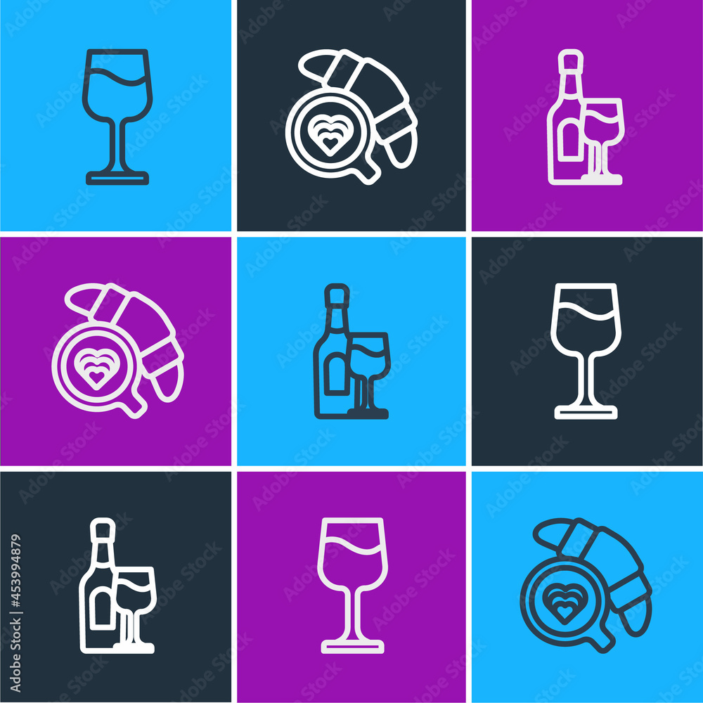 Set line Wine glass, bottle with and Coffee cup croissant icon. Vector