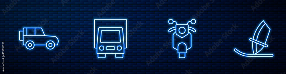 固定线路滑板车、越野车、送货卡车和风帆冲浪。砖墙上闪闪发光的霓虹灯图标