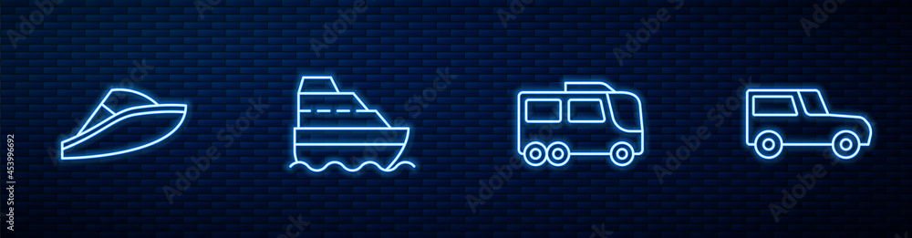 设置线路巴士、快艇、游轮和汽车。砖墙上闪闪发光的霓虹灯图标。矢量