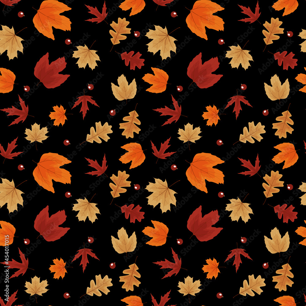 Autumn Natural Leaves Seamless Pattern Background. Vector Illustration