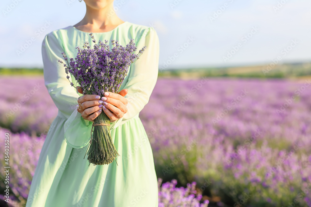 薰衣草地里美丽的年轻女人