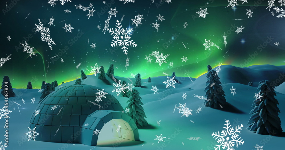 Digital image of snowflakes falling over igloo on winter landscape against moon in night sky