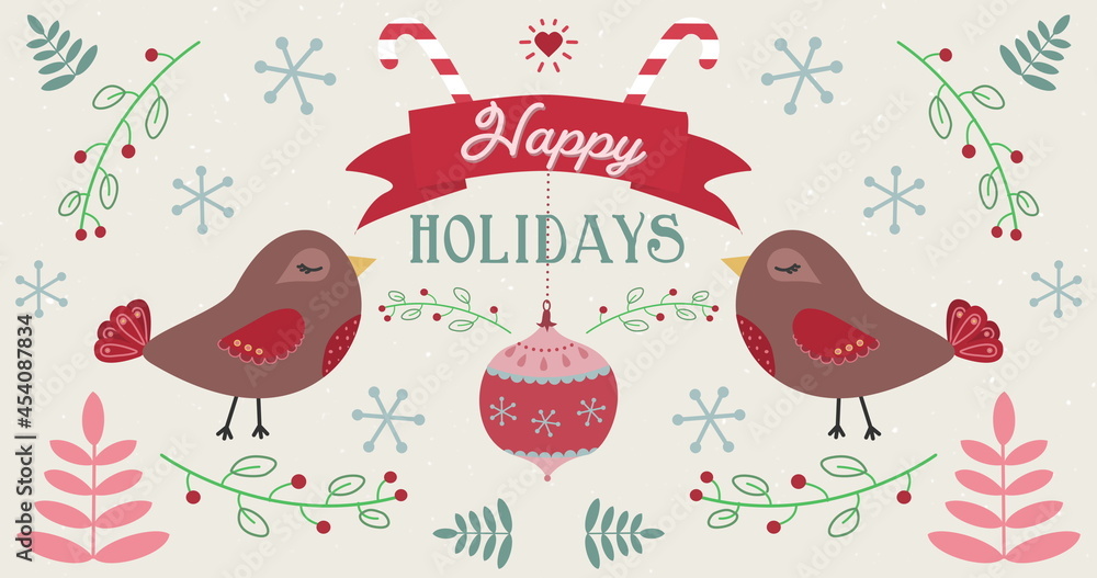 Image of Happy Holidays words with moving birds on Christmas decorations background