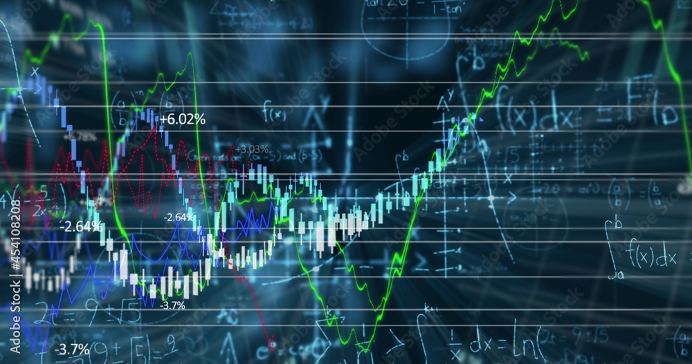 Image of stock exchange market information with mathematical formulae and data processing