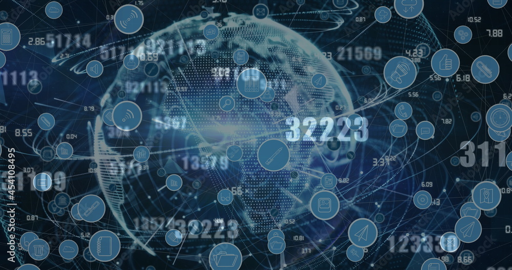 Image of digital icons and numbers changing over globe in background