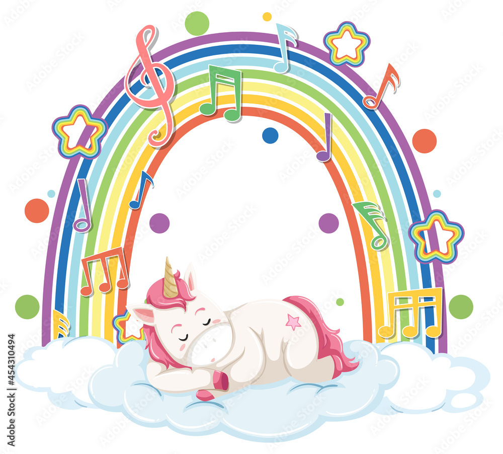 Unicorn sleeping on cloud with rainbow and melody symbol