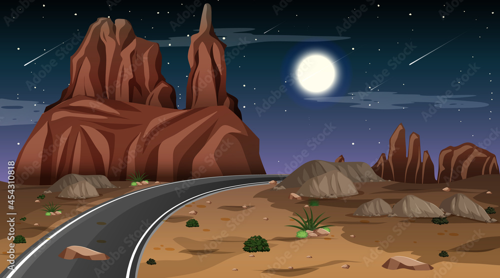 Desert forest landscape at night scene with long road