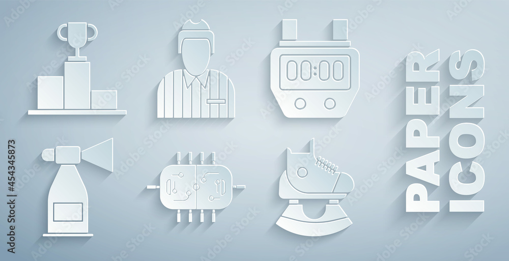 Set Hockey table, Stopwatch, Air horn, Skates, judge, referee, arbiter and over sports winner podium