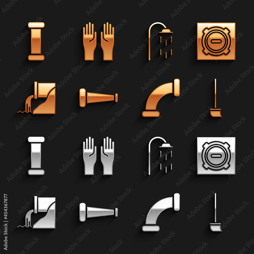 Set Industry metallic pipe, Manhole sewer cover, Mop, Wastewater, Shower, and Rubber gloves icon. Ve