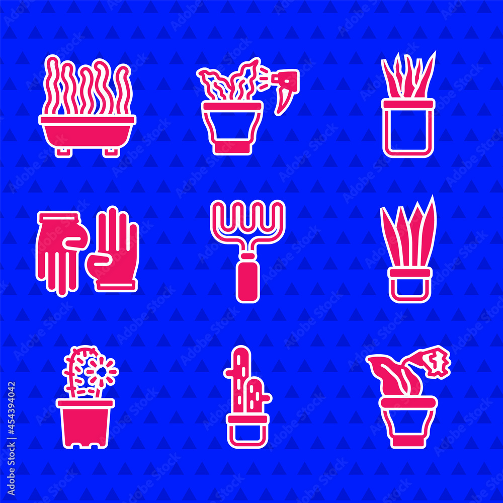 Set Garden rake, Cactus peyote in pot, Flower, Plant, Rubber gloves, and icon. Vector