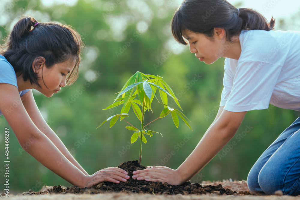 children helping planting tree in nature for save earth. environment eco concept