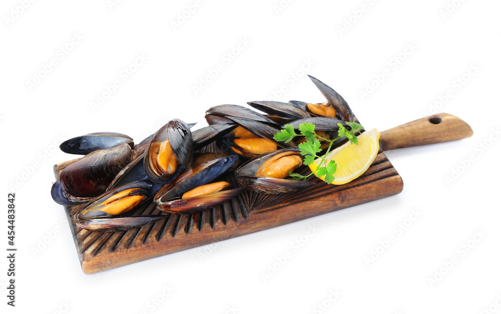 Wooden board with raw mussels on white background