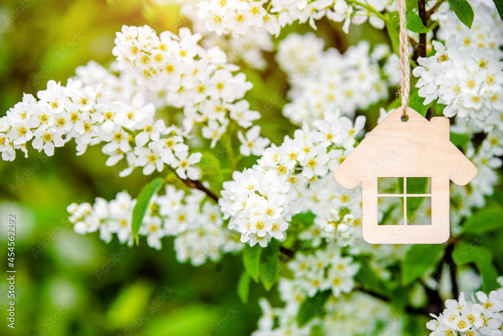 The symbol of the house among the branches of the Bird cherry
