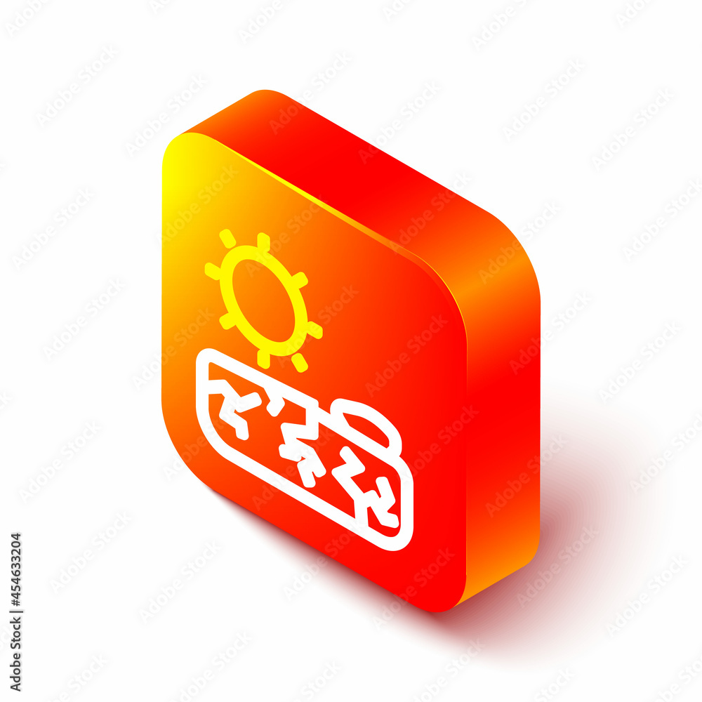 Isometric line Drought icon isolated on white background. Orange square button. Vector