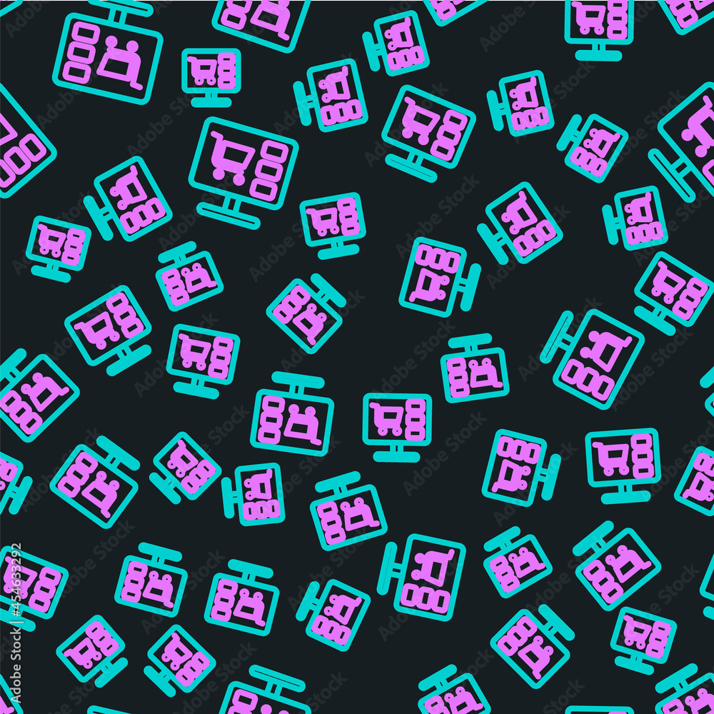 Line Shopping cart on screen computer icon isolated seamless pattern on black background. Concept e-