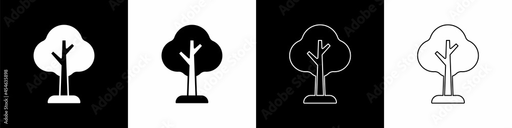 Set Tree icon isolated on black and white background. Forest symbol. Vector