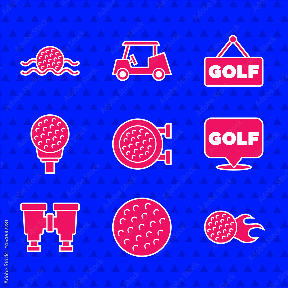 Set Golf sport club, ball, label, Binoculars, on tee, and water icon. Vector