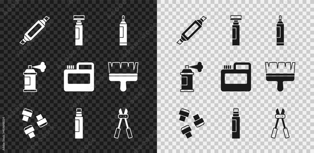设置记号笔、附件、断线钳、喷漆罐和油漆、水粉、罐子、染料图标。矢量
