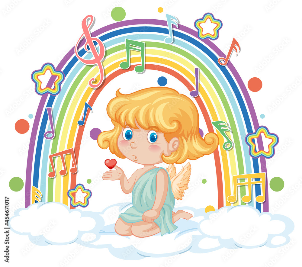 Cupid girl on the cloud with melody symbols on rainbow