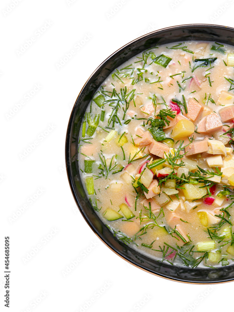 Bowl with tasty okroshka on white background