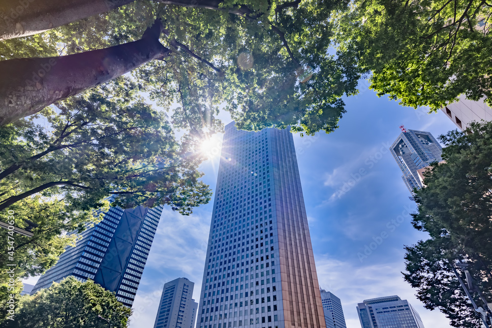 爽やかな朝の光に照らされた東京のビル群