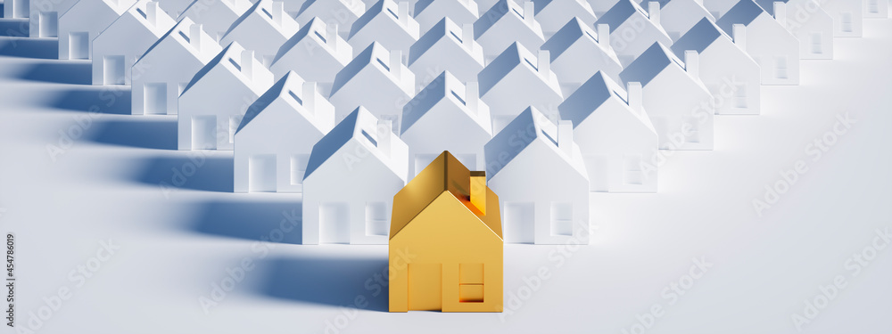 Golden toy house in group of white houses - 3D illustration	