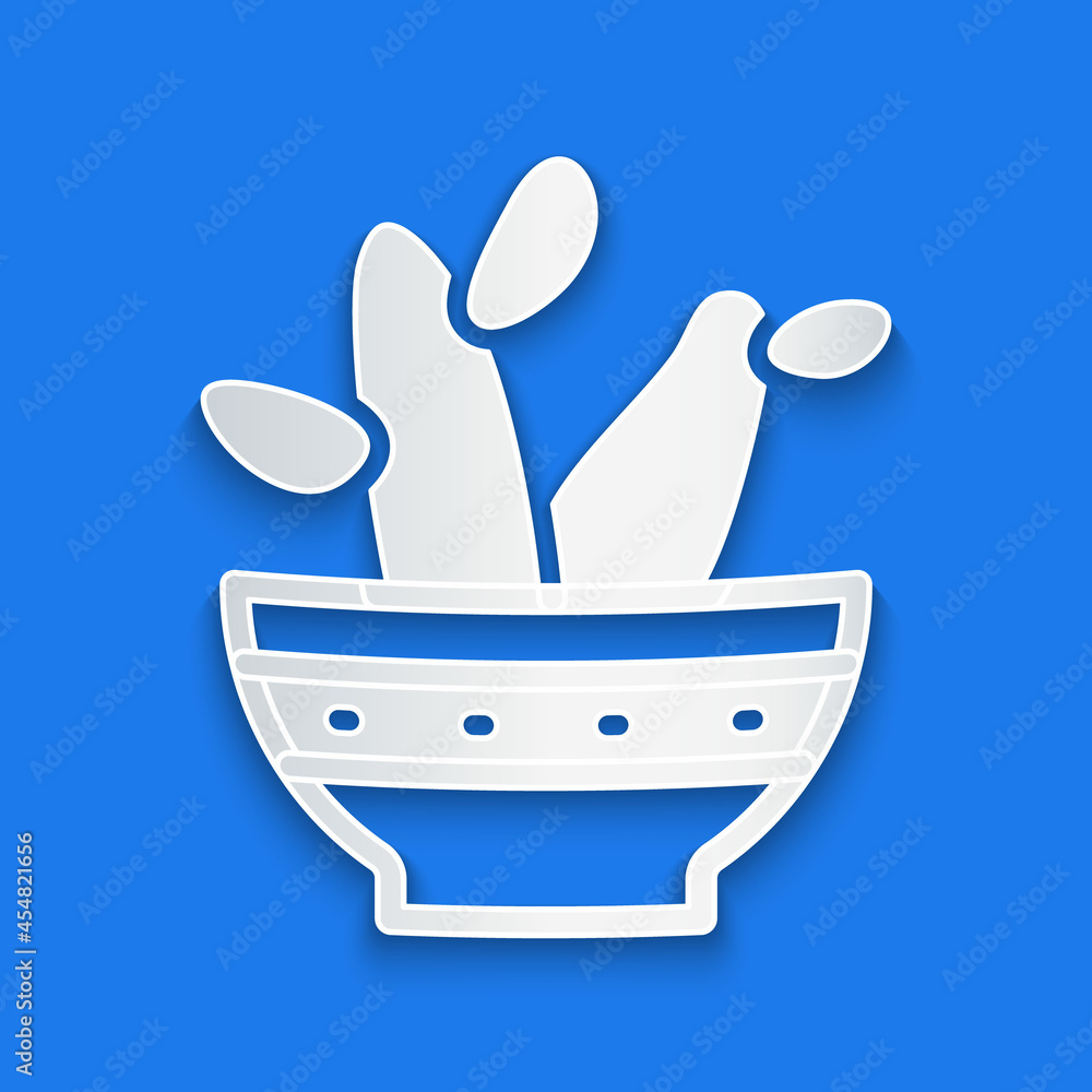 Paper cut Cactus peyote in pot icon isolated on blue background. Plant growing in a pot. Potted plan