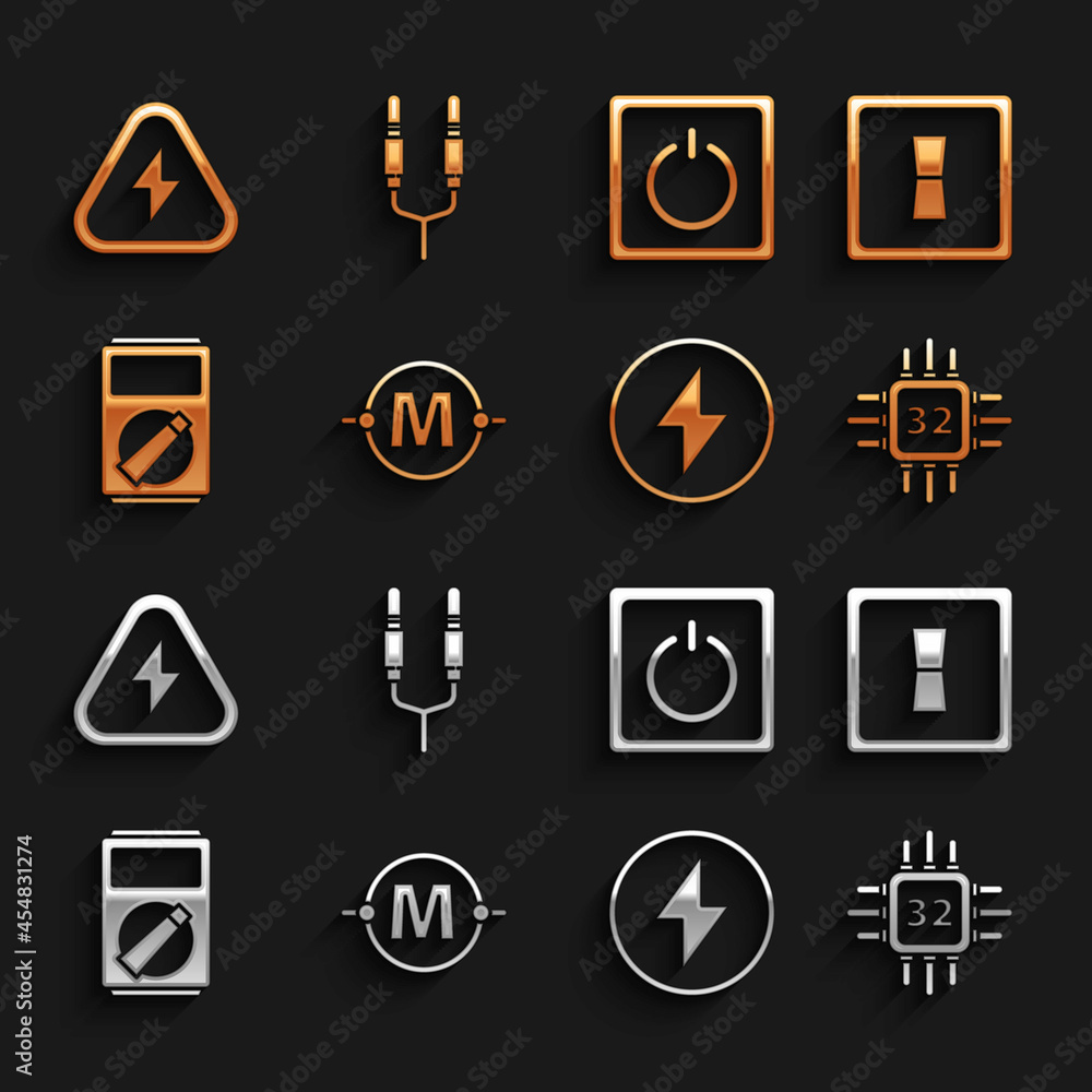 Set Electric circuit scheme, light switch, Processor with microcircuits CPU, Lightning bolt, Multime