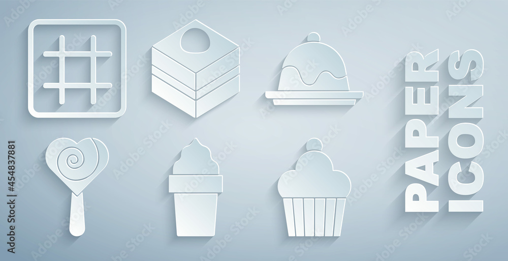 Set Ice cream in waffle cone, Cake, Lollipop, Brownie chocolate cake and Waffle icon. Vector