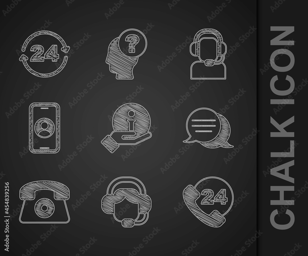 Set Information, Woman with headset, Telephone 24 hours support, Speech bubble chat, Man and icon. V