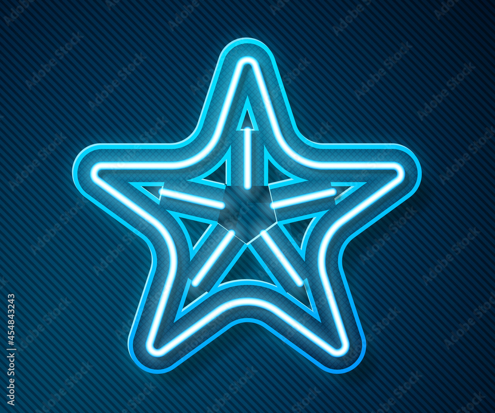 Glowing neon line Starfish icon isolated on blue background. Vector