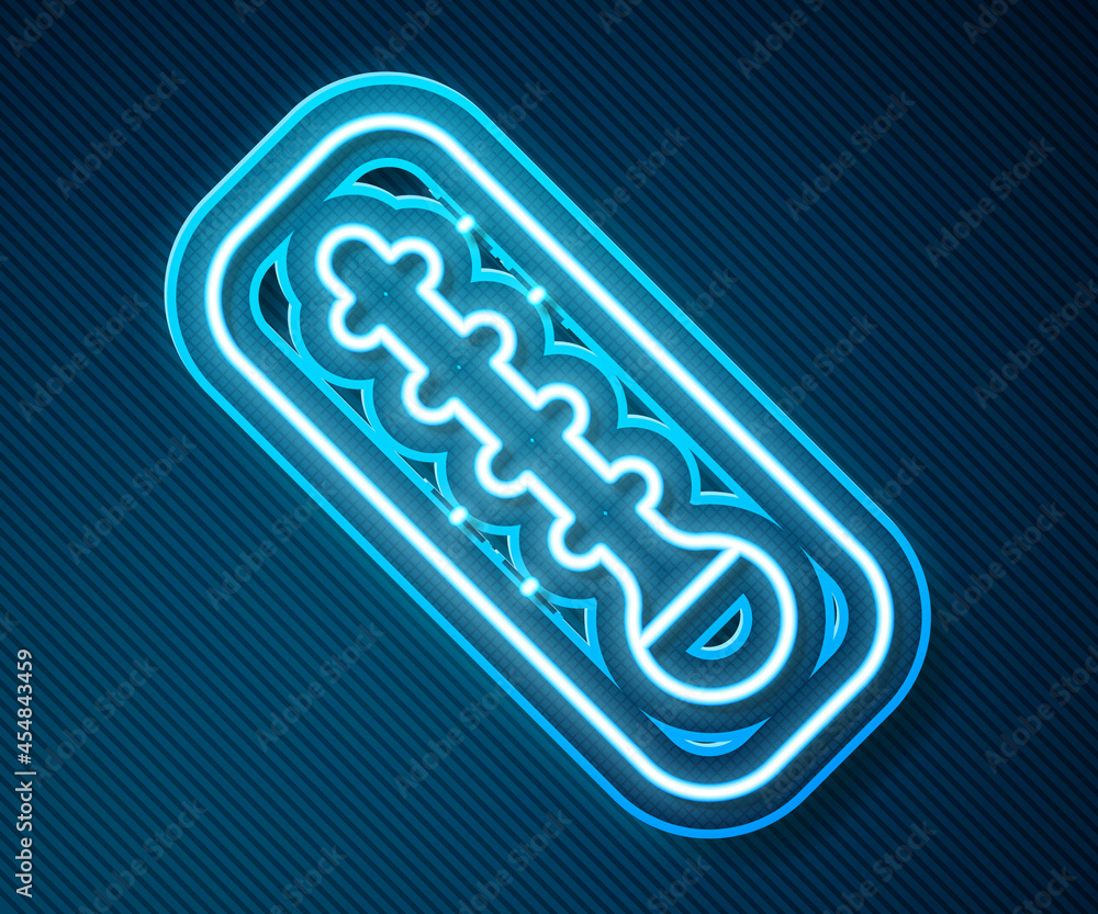 Glowing neon line Meteorology thermometer measuring heat and cold icon isolated on blue background. 