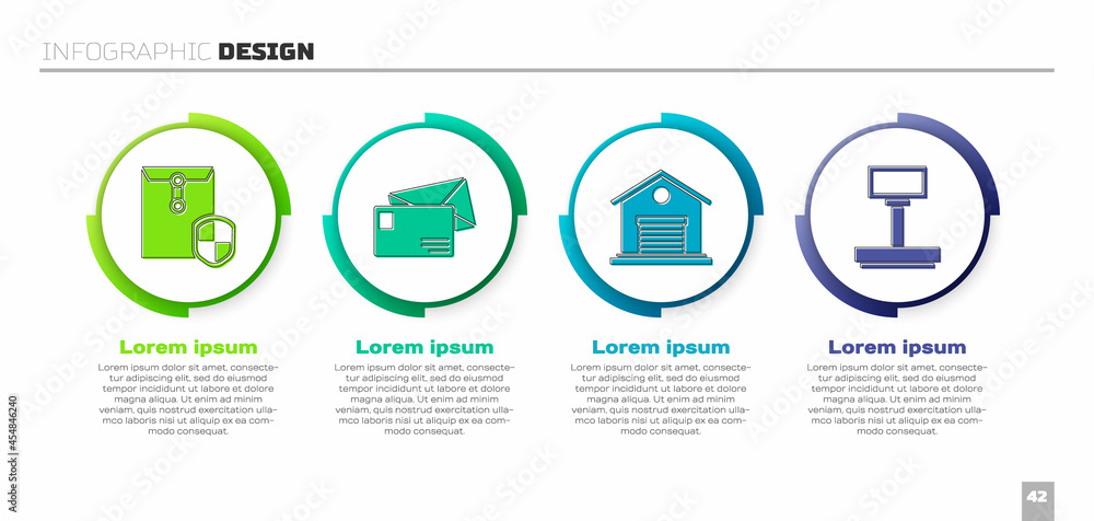 设置带屏蔽、信封、仓库和秤的信封。商业信息图模板。矢量
