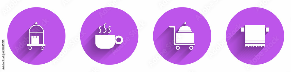 Set Suitcase, Coffee cup, Covered with tray and Towel on hanger icon with long shadow. Vector