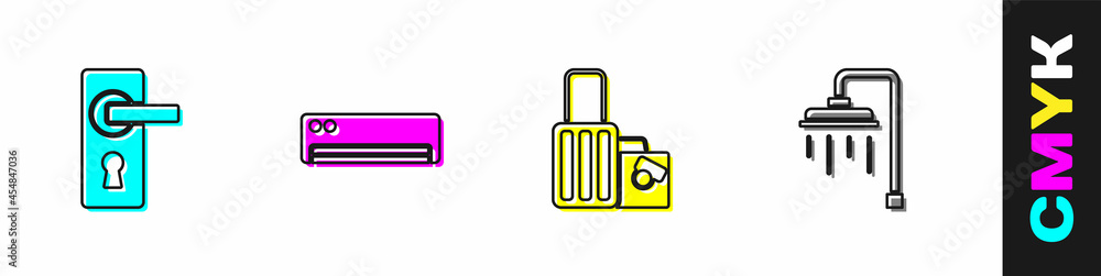 设置门把手、空调、手提箱和淋浴图标。矢量
