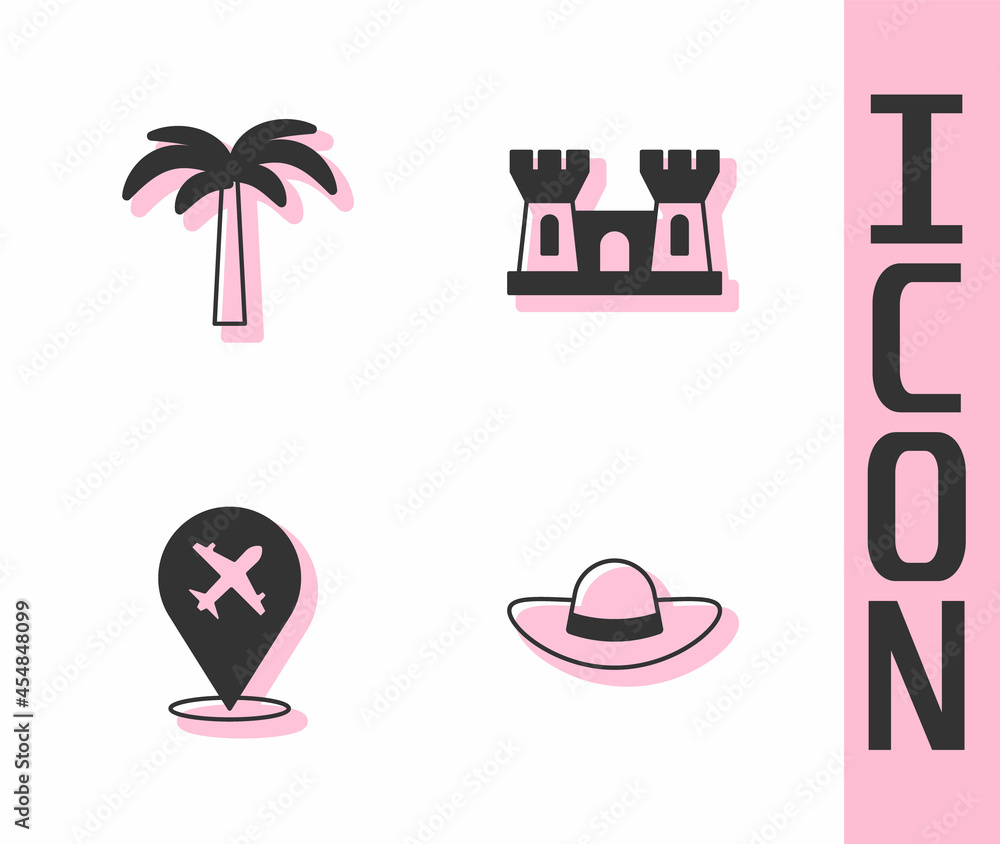 Set Elegant women hat, Tropical palm tree, Plane and Sand castle icon. Vector