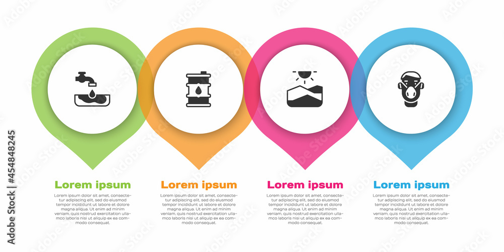 设置水问题、桶油、干旱和面部防护口罩。商业信息图模板.V