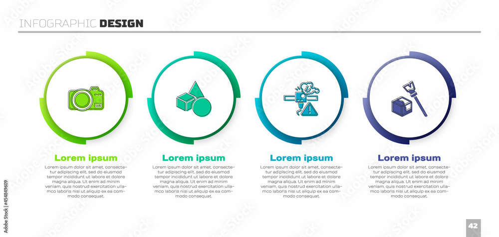 Set Photo camera, Basic geometric shapes, 3D printer warning and Isometric cube. Business infographi