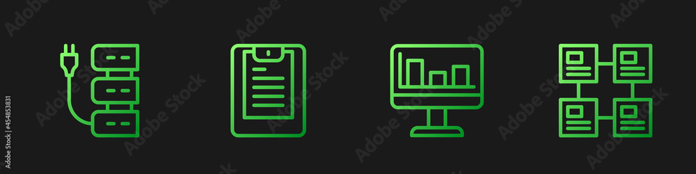 Set line Monitor with graph chart, Server, Server, Data report and Hierarchy organogram. Gradient co