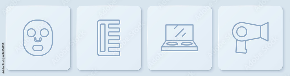 定型面膜，化妆粉配镜子，发刷和烘干机。白色方形按钮。