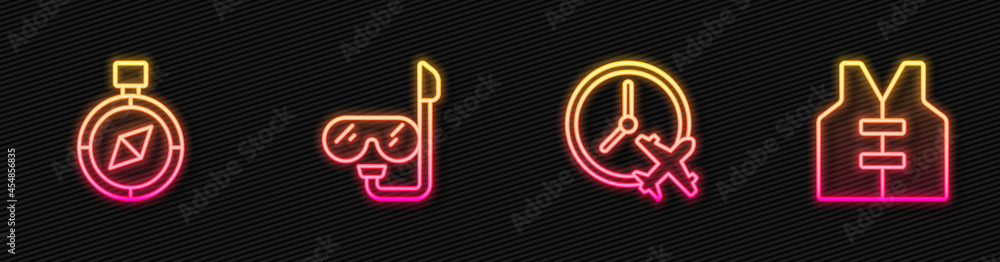 Set line Clock with airplane, Compass, Diving mask and snorkel and Life jacket. Glowing neon icon. V